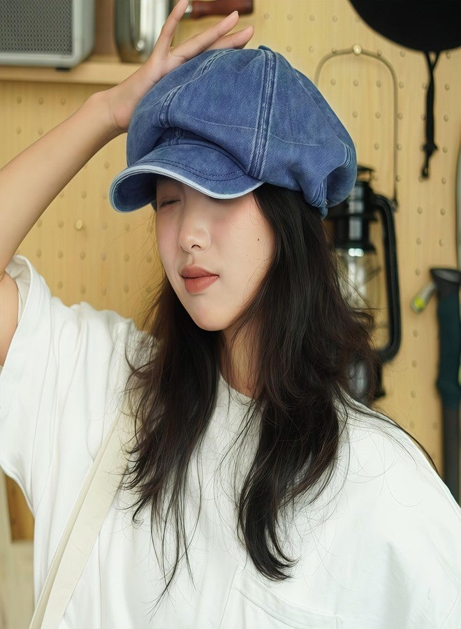 ACGarden Women's Washed Denim Newsboy Cap Fashion Vintage 8 Panels Visor Beret Girls Octagonal Cap Painter Hat,Blue,M - Image 2